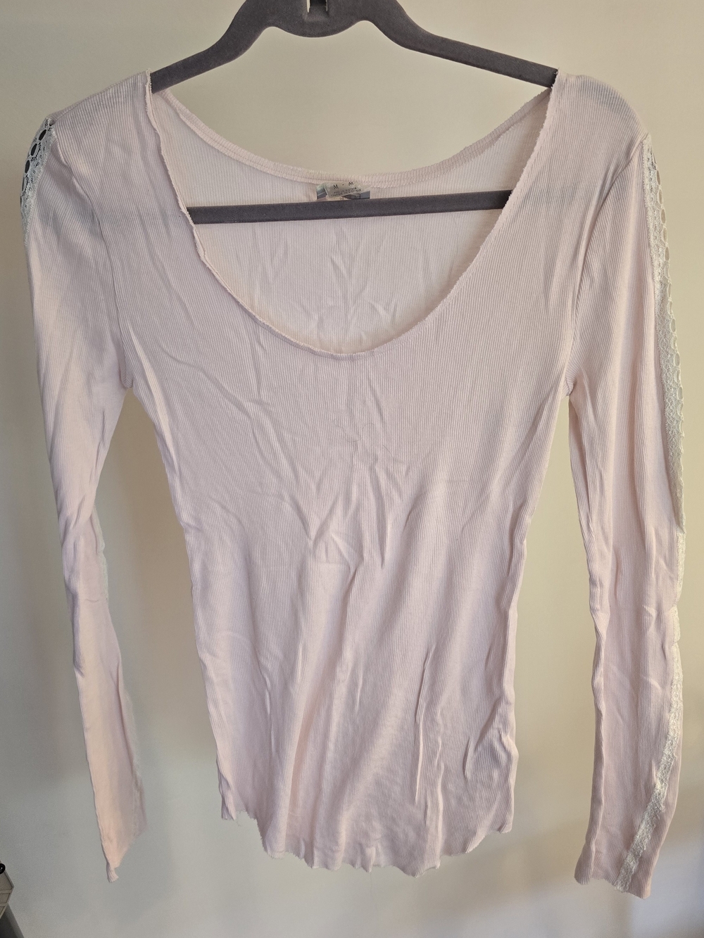 Intimately Free People Vintage Pink Scoop Neck Lace Trim Long Sleeve Top Size M